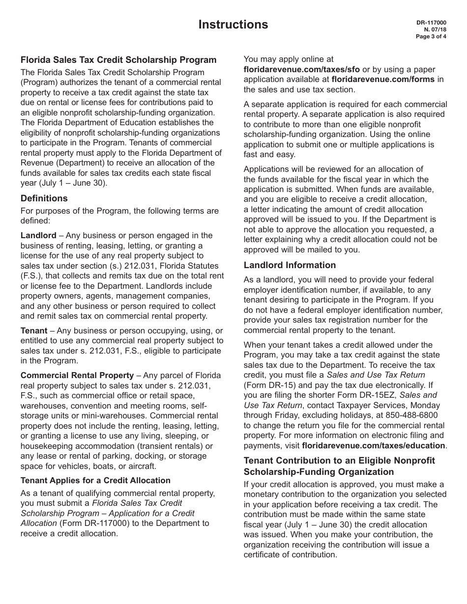 Form DR-117000 Application for a Credit Allocation - Florida Sales Tax Credit Scholarship Program - Florida, Page 3