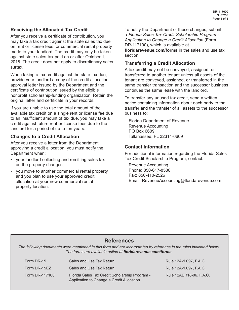 Form DR-117000 Application for a Credit Allocation - Florida Sales Tax Credit Scholarship Program - Florida, Page 4