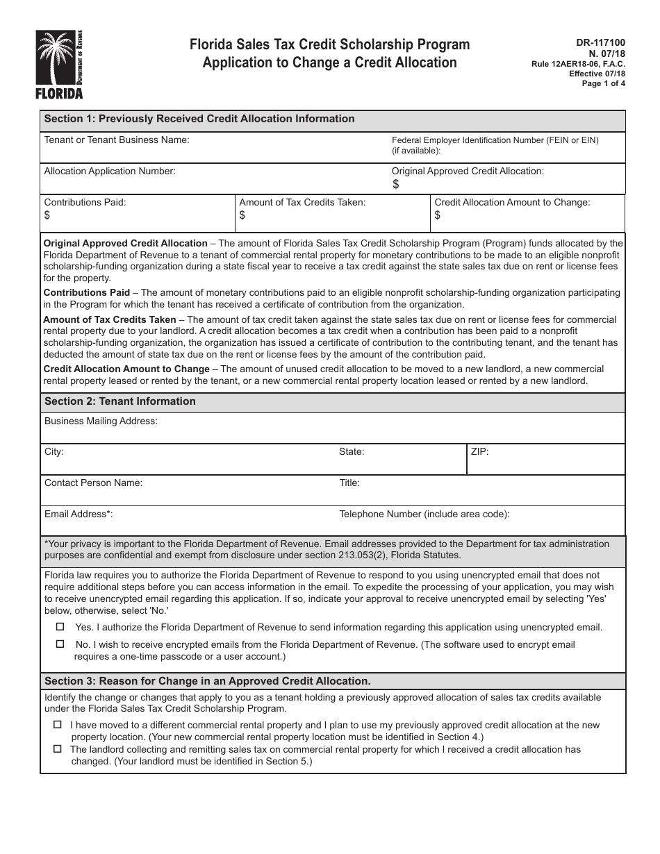 Form DR-117100 Application to Change a Credit Allocation - Florida Sales Tax Credit Scholarship Program - Florida, Page 1