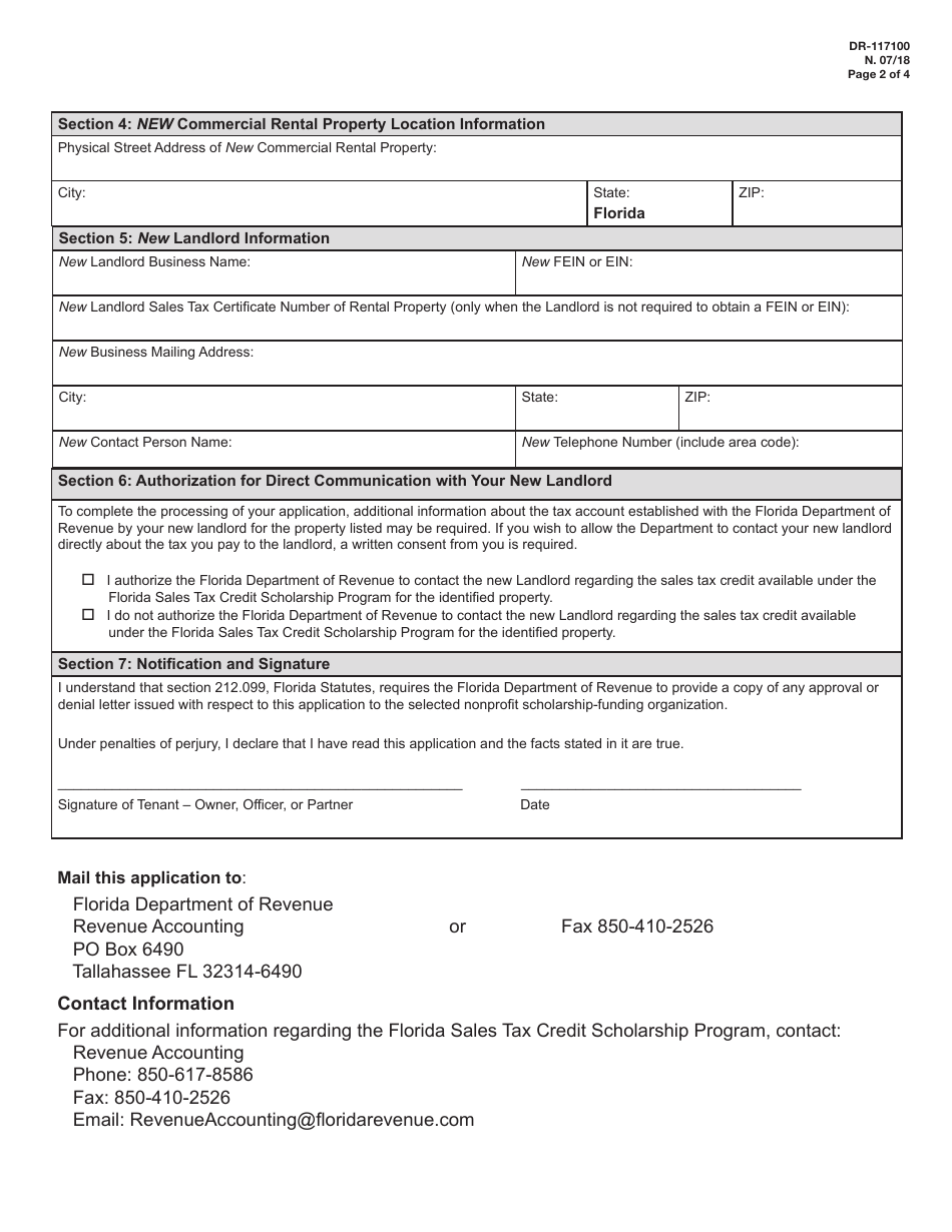 Form DR-117100 Application to Change a Credit Allocation - Florida Sales Tax Credit Scholarship Program - Florida, Page 2