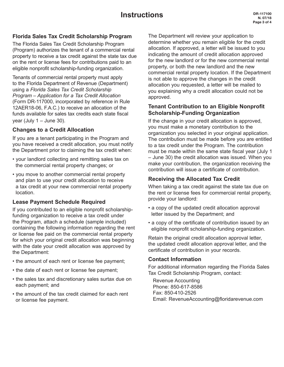 Form DR-117100 Application to Change a Credit Allocation - Florida Sales Tax Credit Scholarship Program - Florida, Page 3