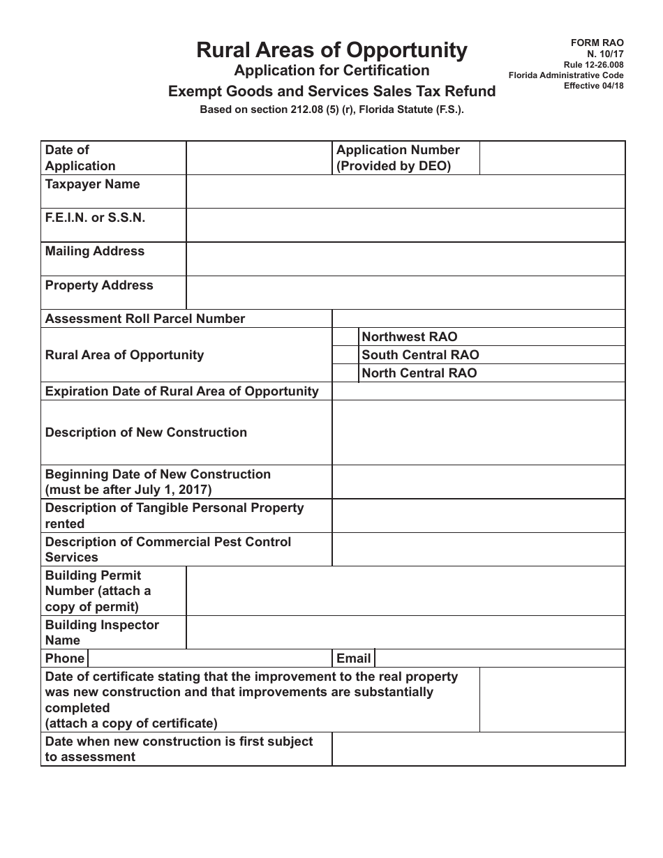 Form RAO Rural Areas of Opportunity Application for Certification Exempt Goods and Services Sales Tax Refund - Florida, Page 1