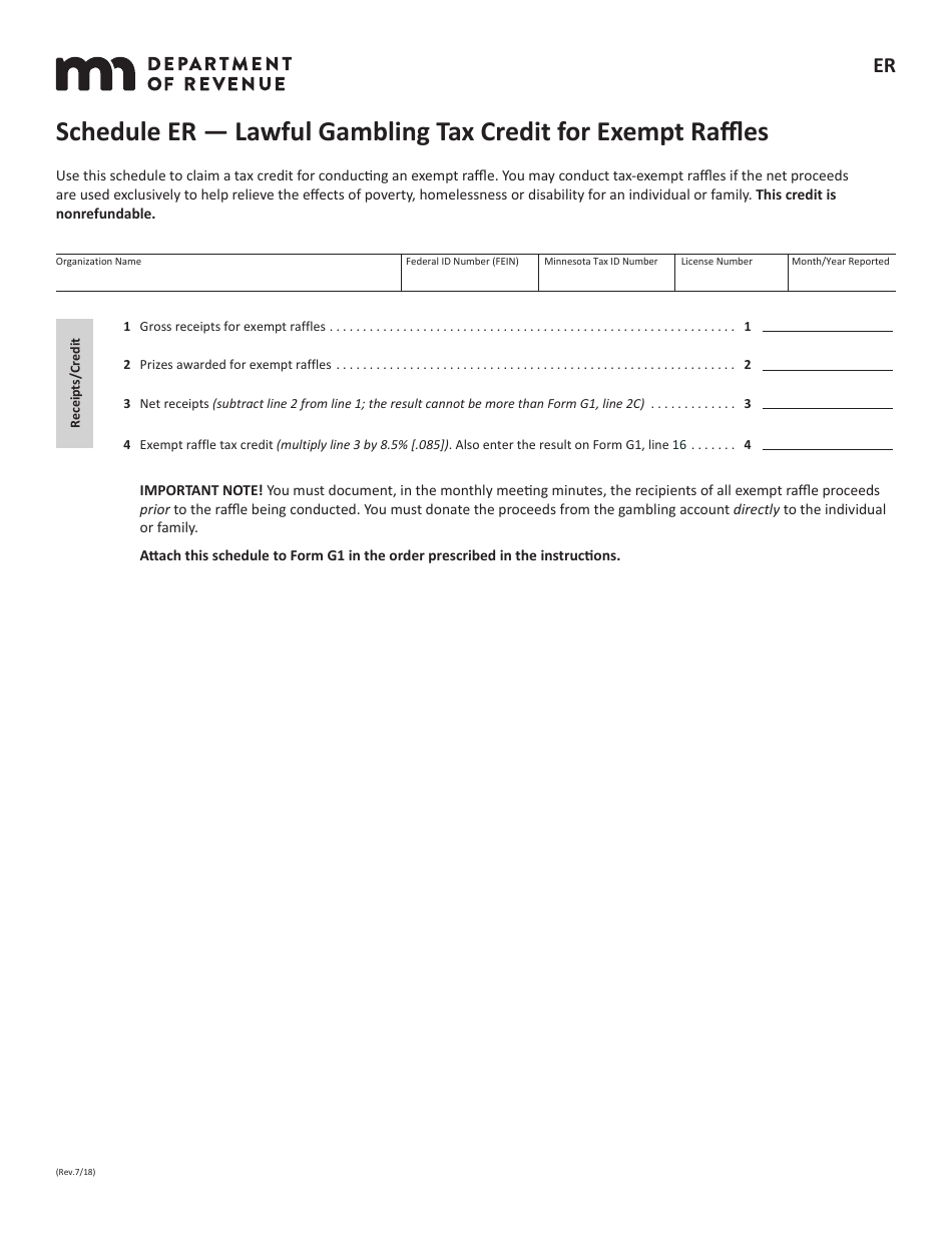 Schedule ER Lawful Gambling Tax Credit for Exempt Raffles - Minnesota, Page 1