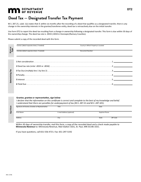 Form DT2 Deed Tax - Designated Transfer Tax Payment - Minnesota
