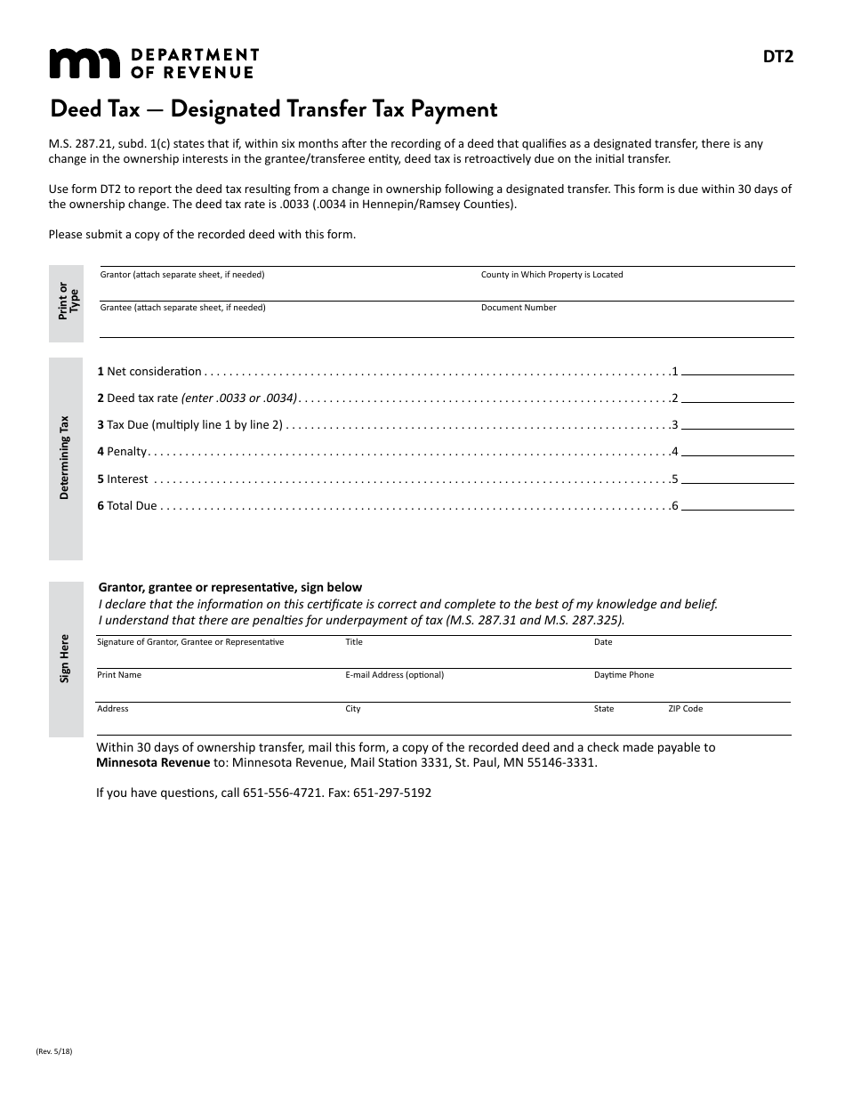 Form DT2 Deed Tax - Designated Transfer Tax Payment - Minnesota, Page 1