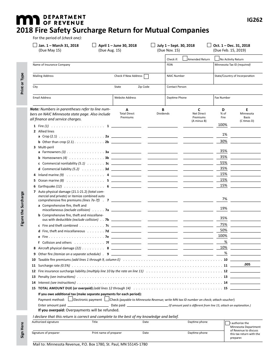 Form IG262 Fire Safety Surcharge Return for Mutual Companies - Minnesota, Page 1