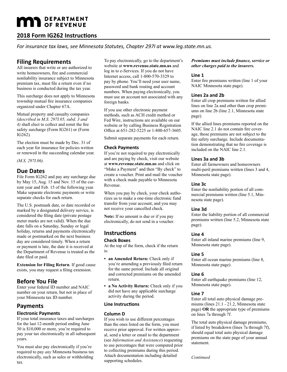 Form IG262 Fire Safety Surcharge Return for Mutual Companies - Minnesota, Page 2