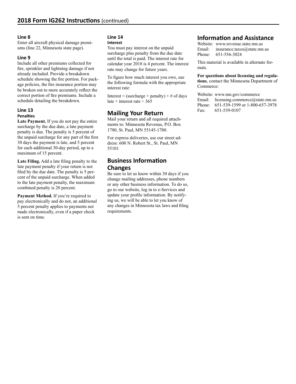 Form IG262 Fire Safety Surcharge Return for Mutual Companies - Minnesota, Page 3