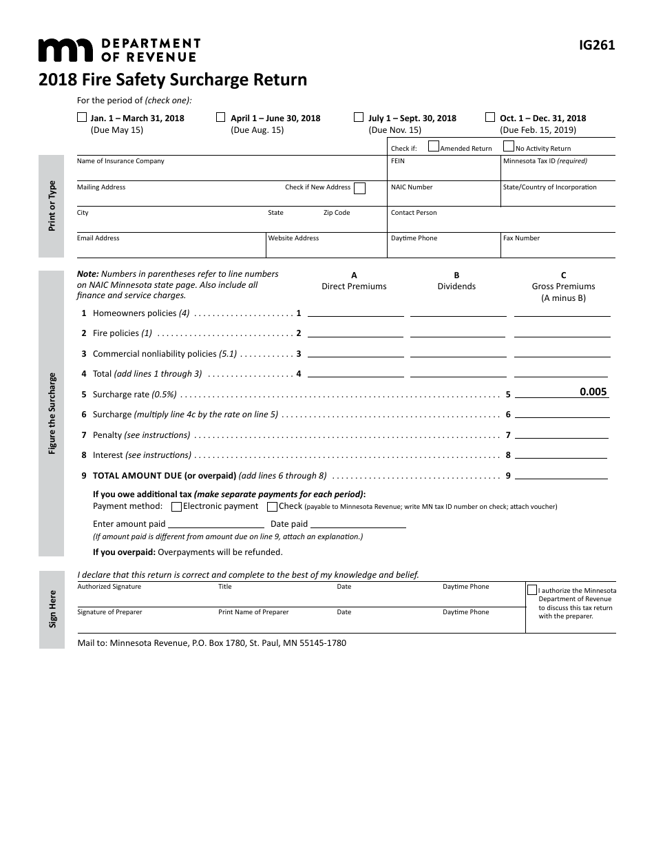 Form IG261 Fire Safety Surcharge Return - Minnesota, Page 1