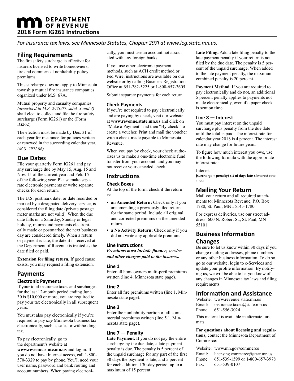 Form IG261 Fire Safety Surcharge Return - Minnesota, Page 2