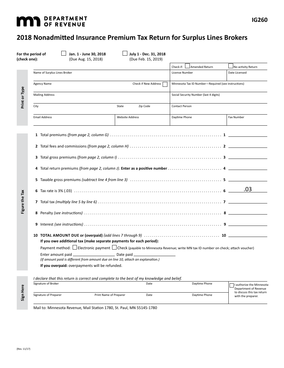Form IG260 Nonadmitted Insurance Premium Tax Return for Surplus Lines Brokers - Minnesota, Page 1