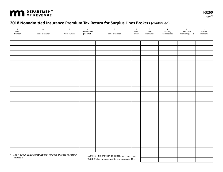 Form IG260 Nonadmitted Insurance Premium Tax Return for Surplus Lines Brokers - Minnesota, Page 2