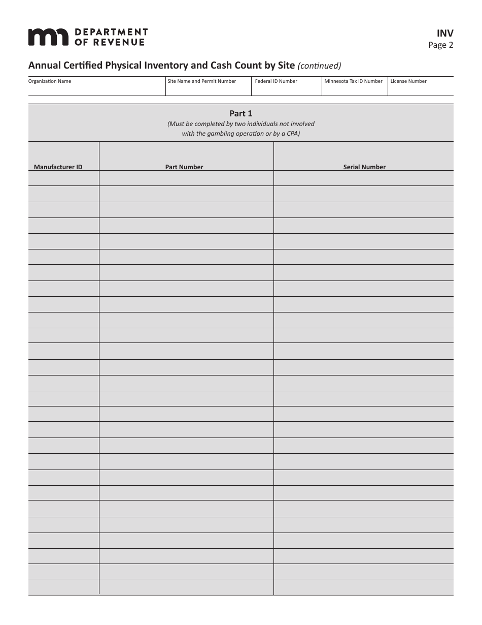 Form INV Annual Certified Physical Inventory and Cash Count by Site - Minnesota, Page 2