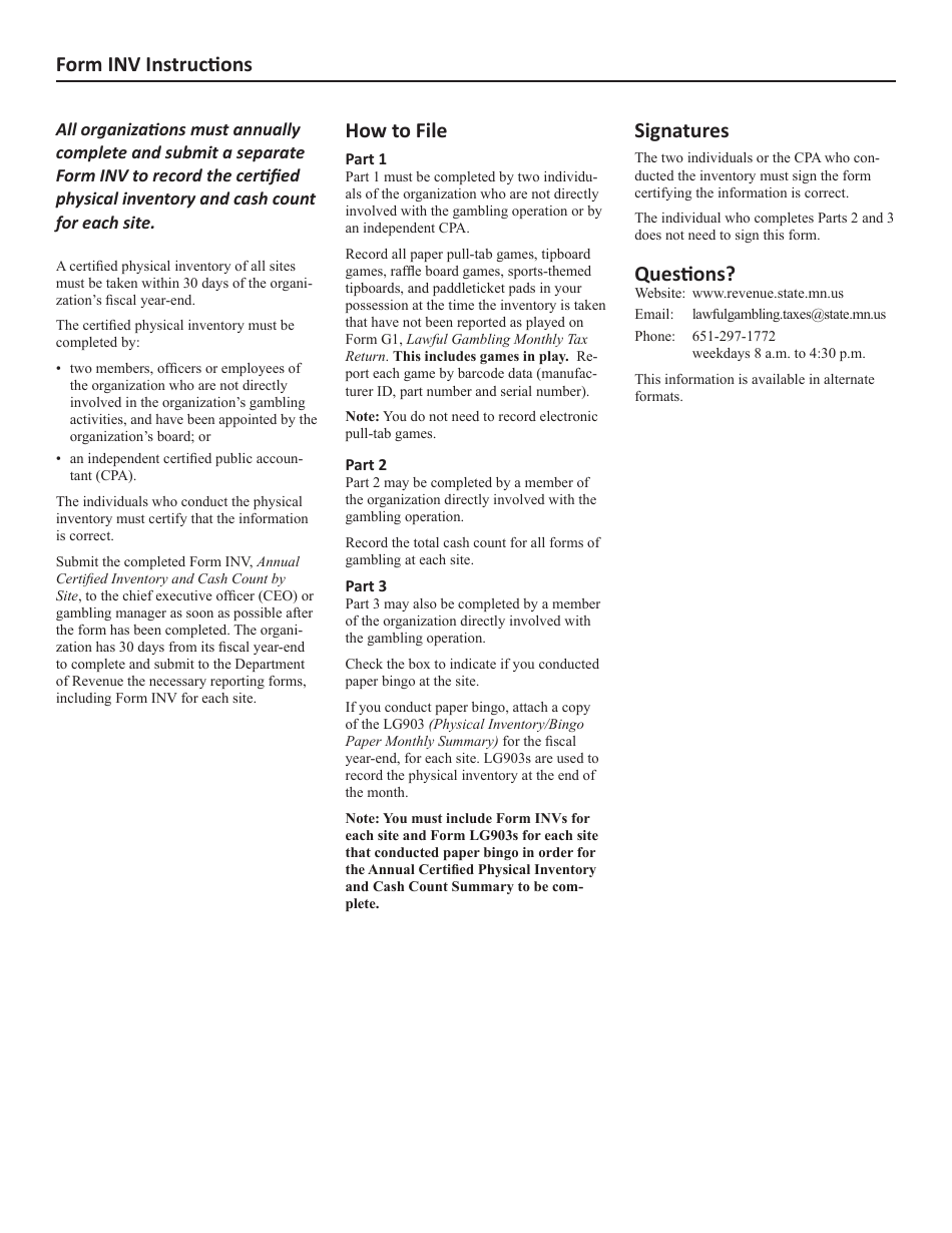 Form INV Annual Certified Physical Inventory and Cash Count by Site - Minnesota, Page 3