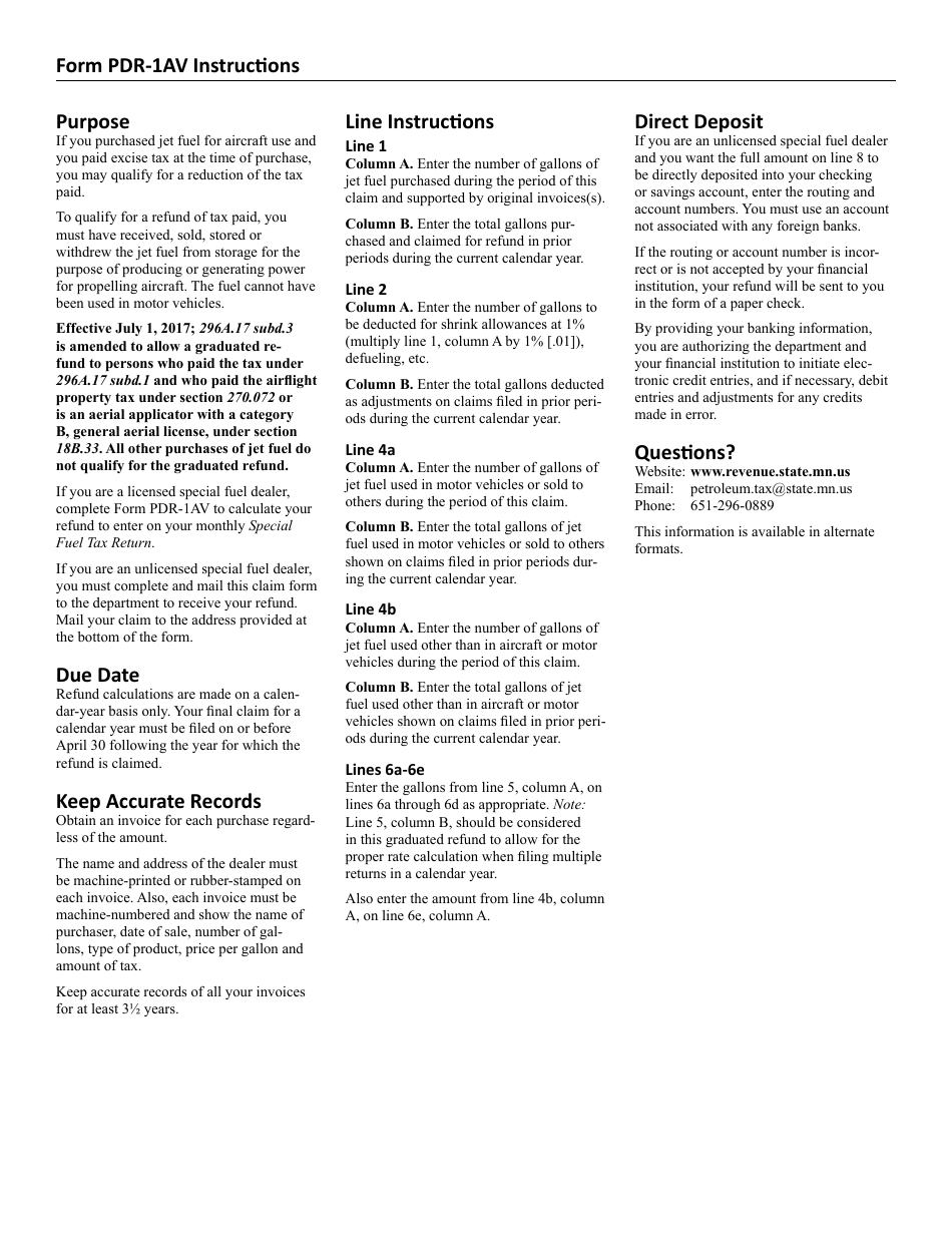Form PDR-1AV Aviation Fuel Tax Claim for Refund - Minnesota, Page 2