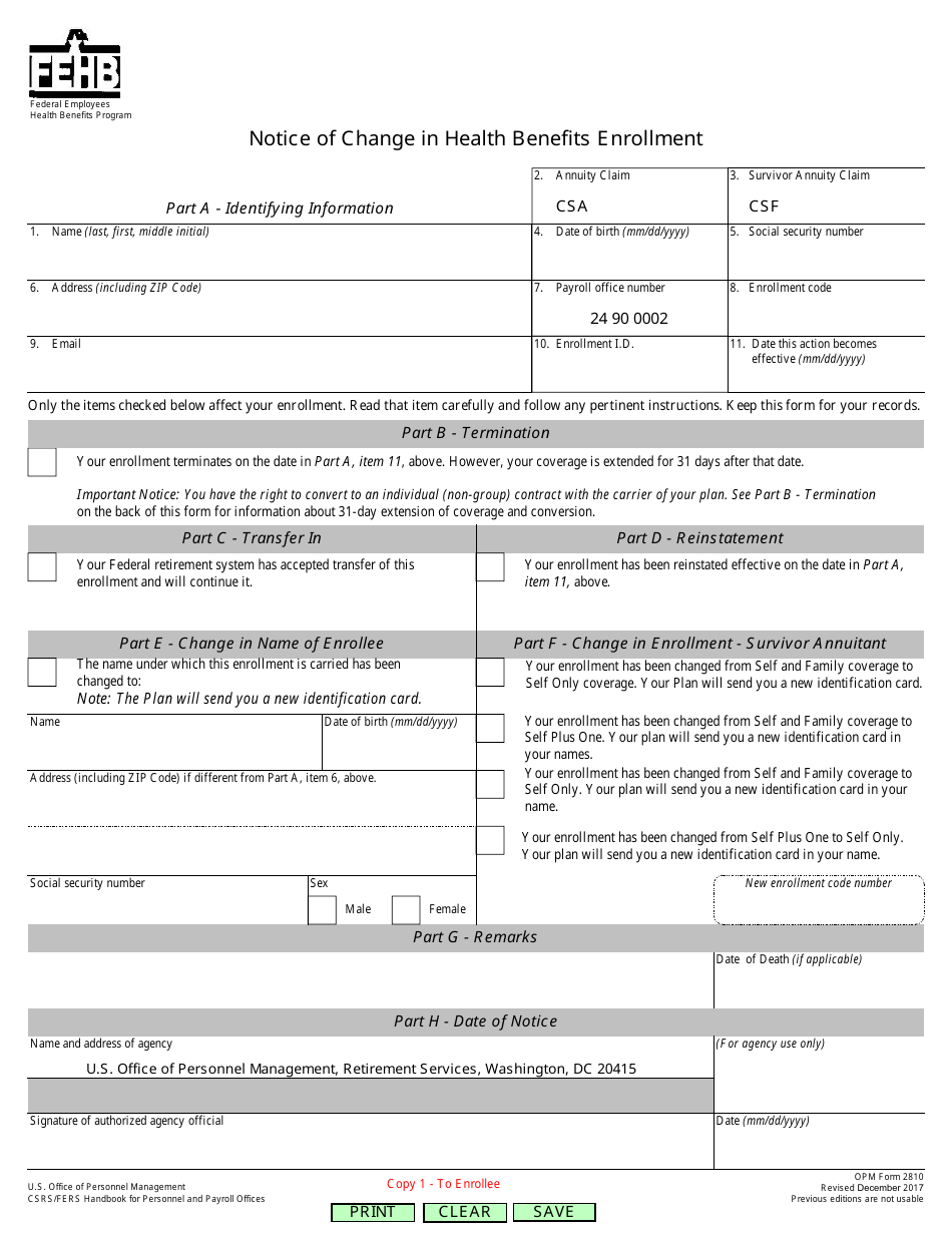 OPM Form 2810 Notice of Change in Health Benefits Enrollment - Federal Employees Health Benefits Program, Page 1