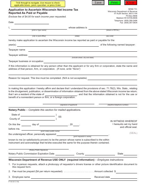 Form P-100 Application to Ascertain Wisconsin Net Income Tax Reported as Paid or Payable - Wisconsin