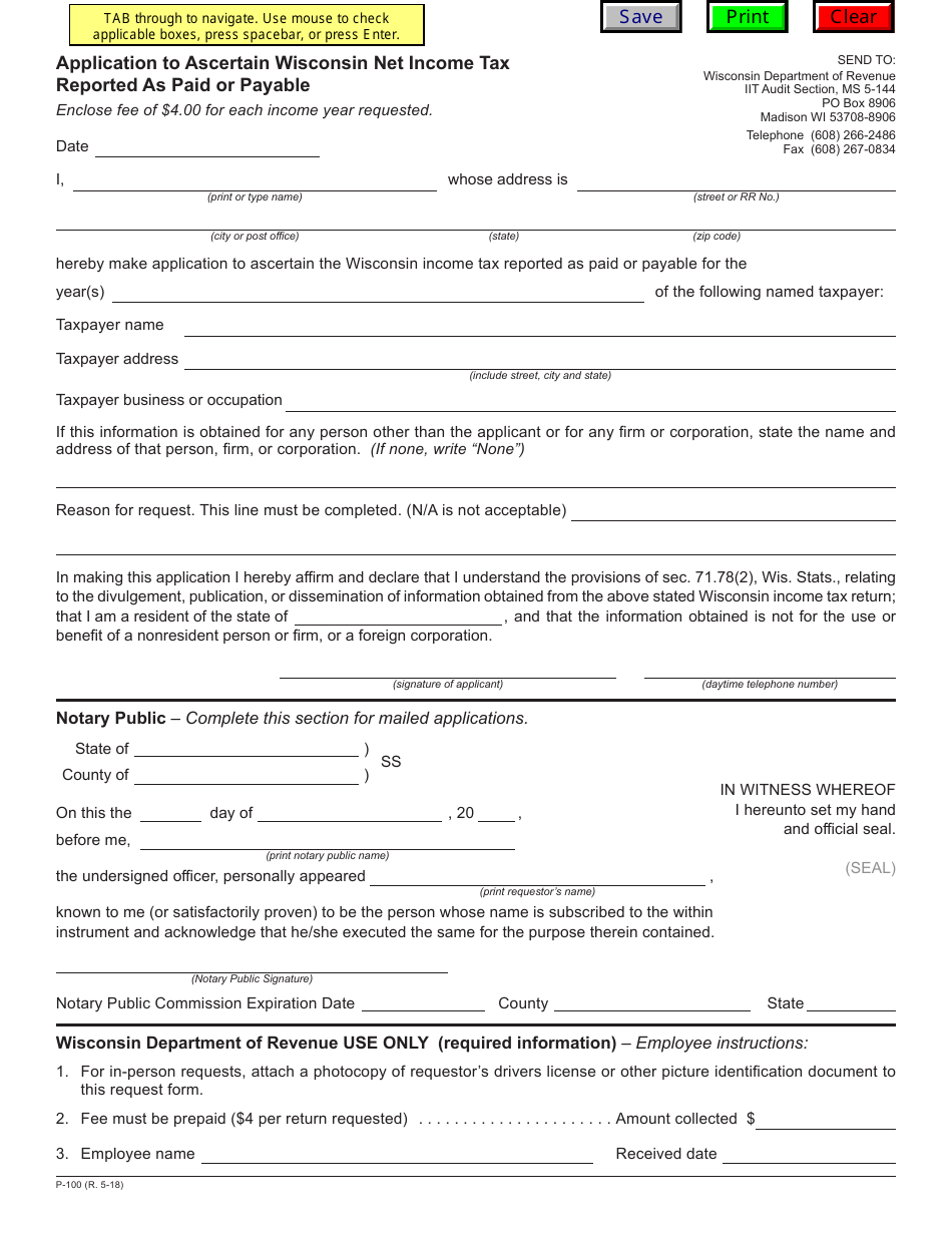 Form P-100 Application to Ascertain Wisconsin Net Income Tax Reported as Paid or Payable - Wisconsin, Page 1