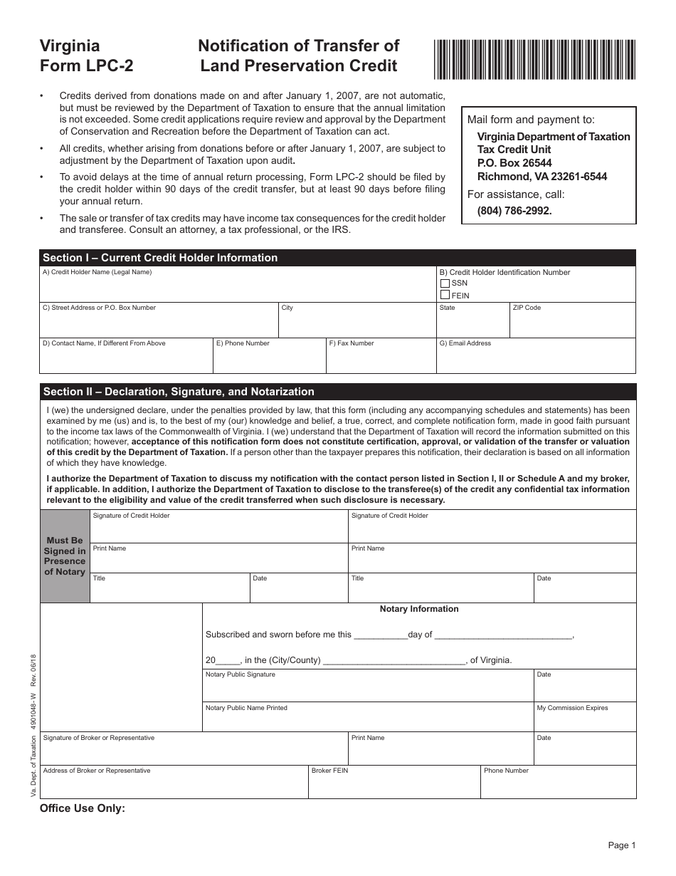 Form LPC-2 Notification of Transfer of Land Preservation Credit - Virginia, Page 1