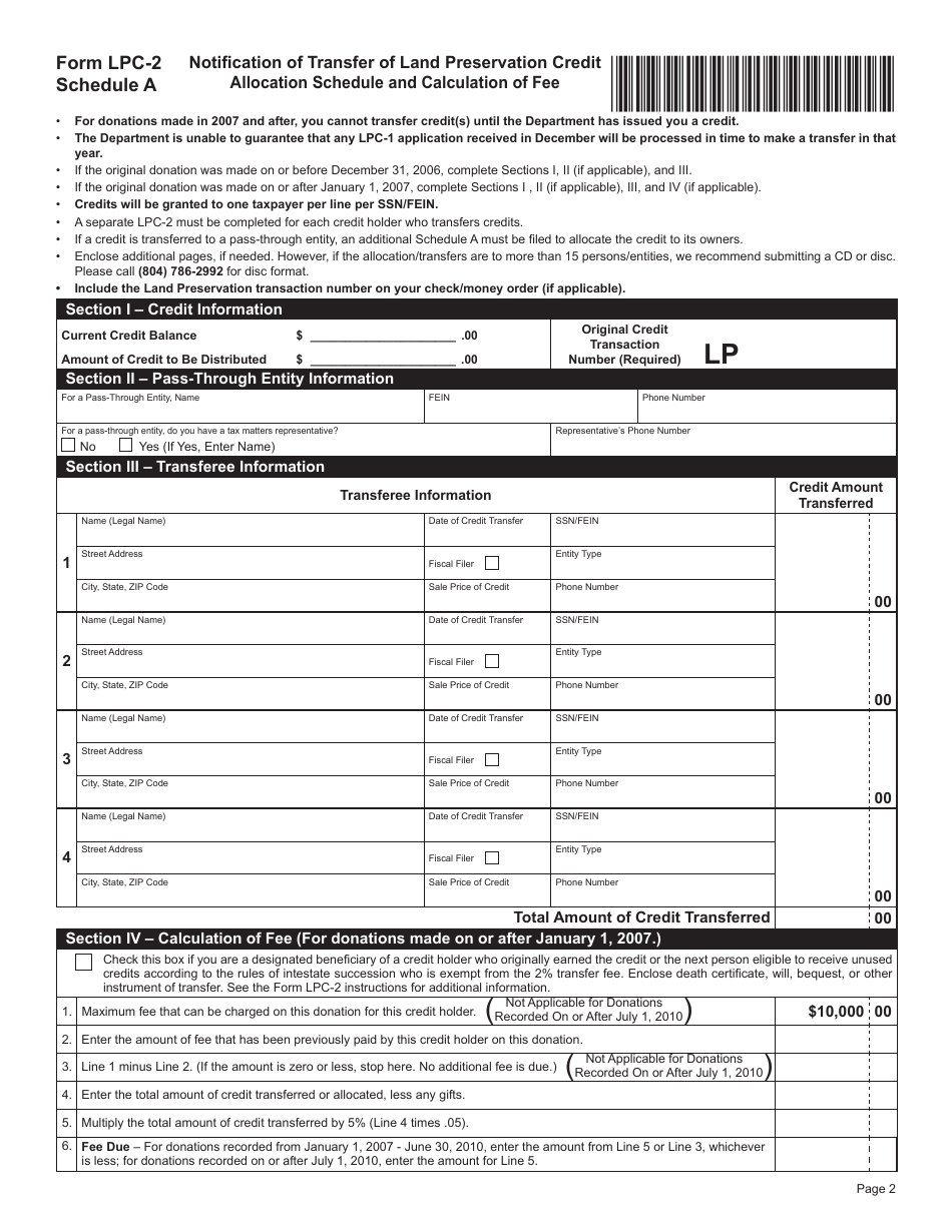 Form LPC-2 Notification of Transfer of Land Preservation Credit - Virginia, Page 2