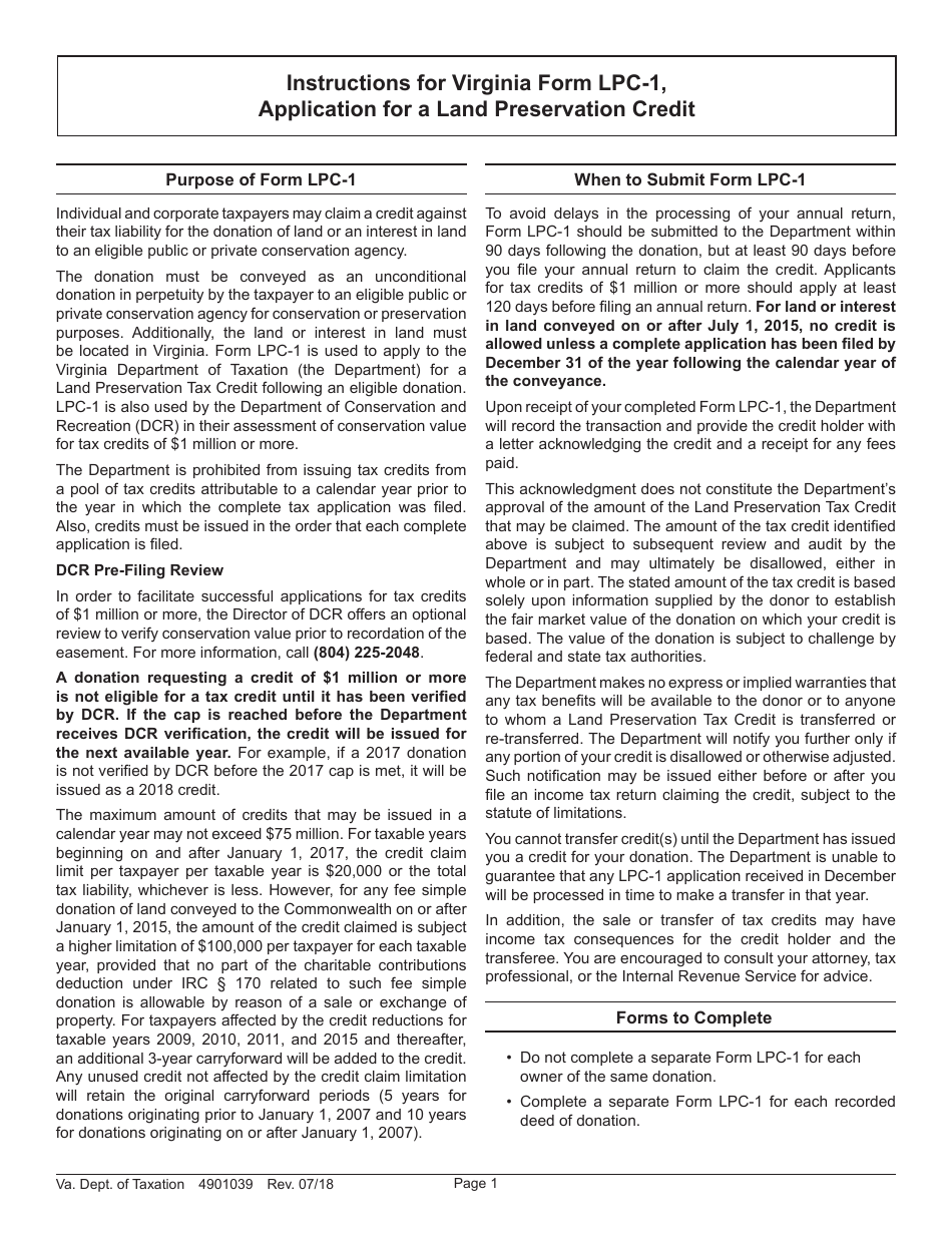 Instructions for Form LPC-1 Application for a Land Preservation Credit - Virginia, Page 1