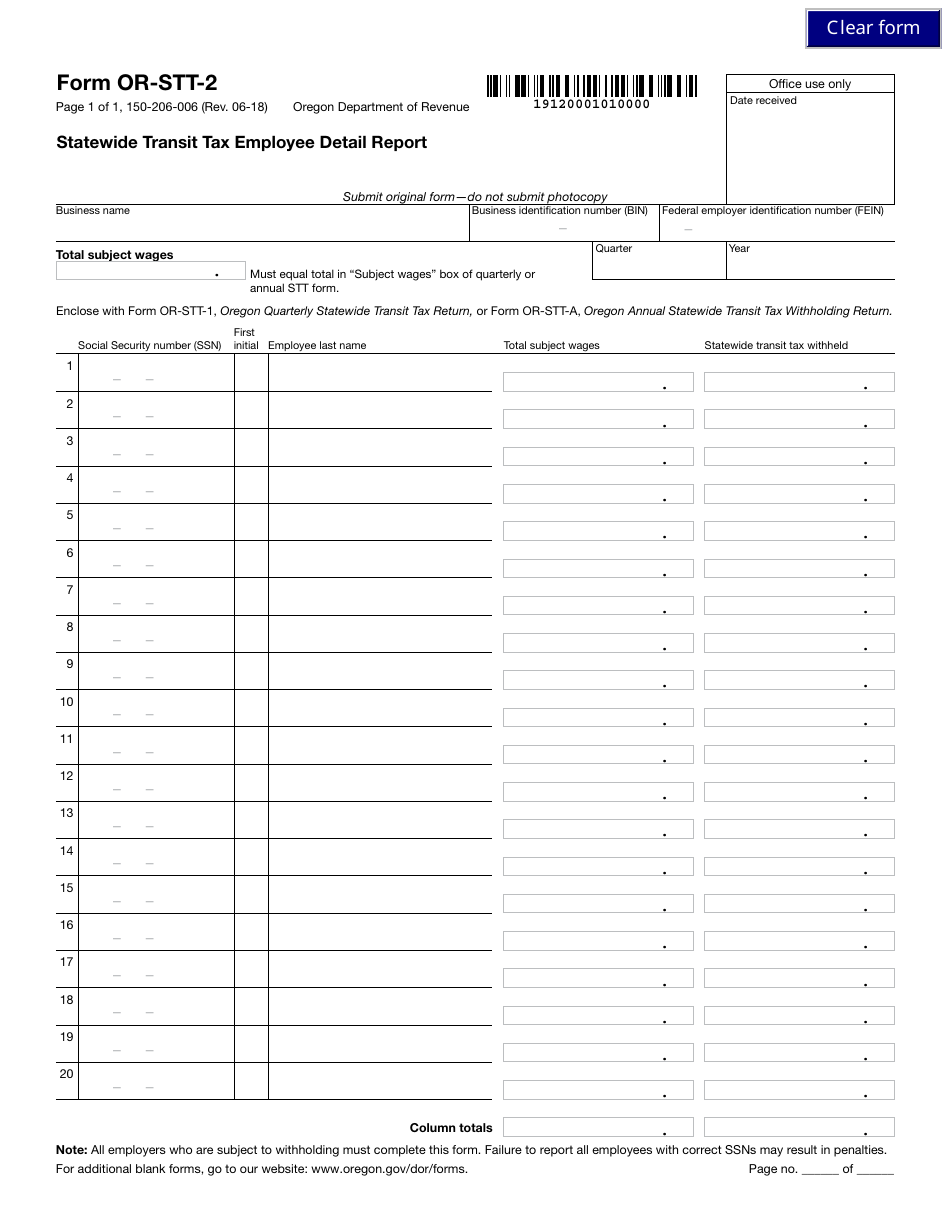 Form 150-206-006 (OR-STT-2) Statewide Transit Tax Employee Detail Report - Oregon, Page 1