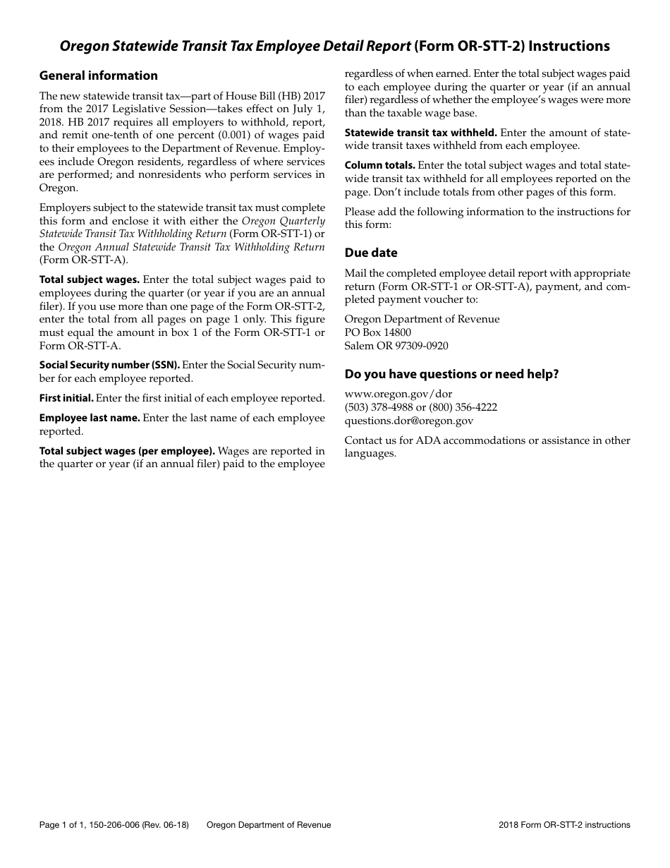 Form 150-206-006 (OR-STT-2) Statewide Transit Tax Employee Detail Report - Oregon, Page 2