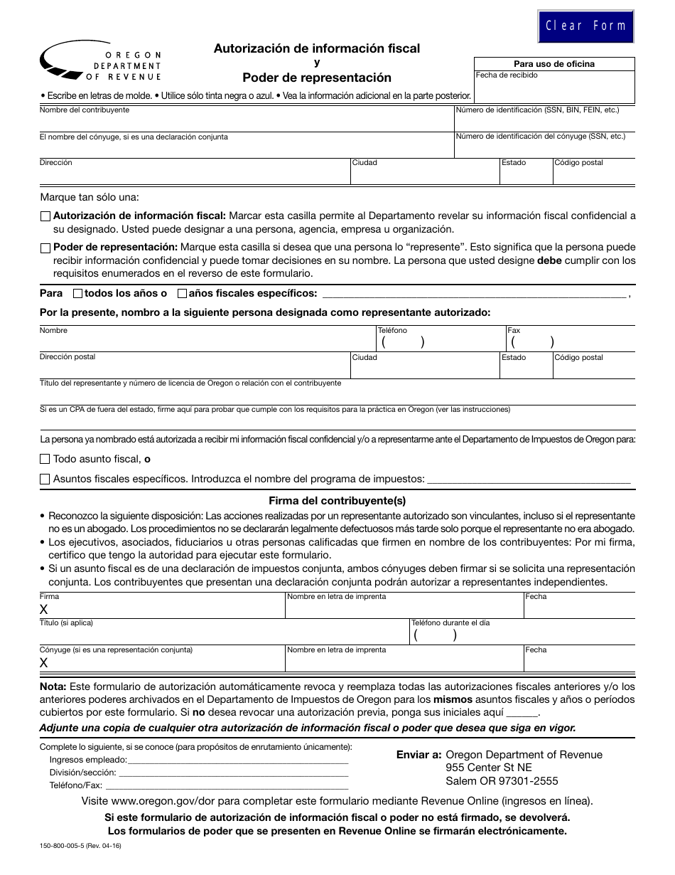 Formulario 150-800-005-5 Autorizacion De Informacion Fiscal Y Poder De Representacion - Oregon (Spanish), Page 1