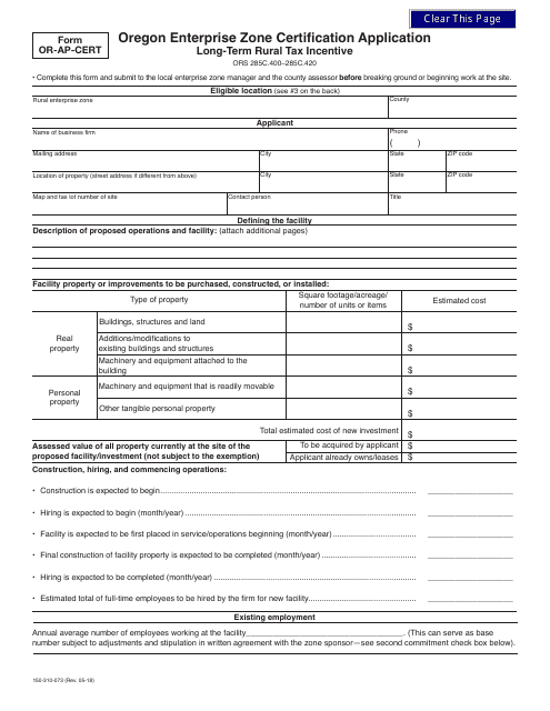 Form 150-310-073 (OR-AP-CERT) Enterprise Zone Certification Application - Oregon