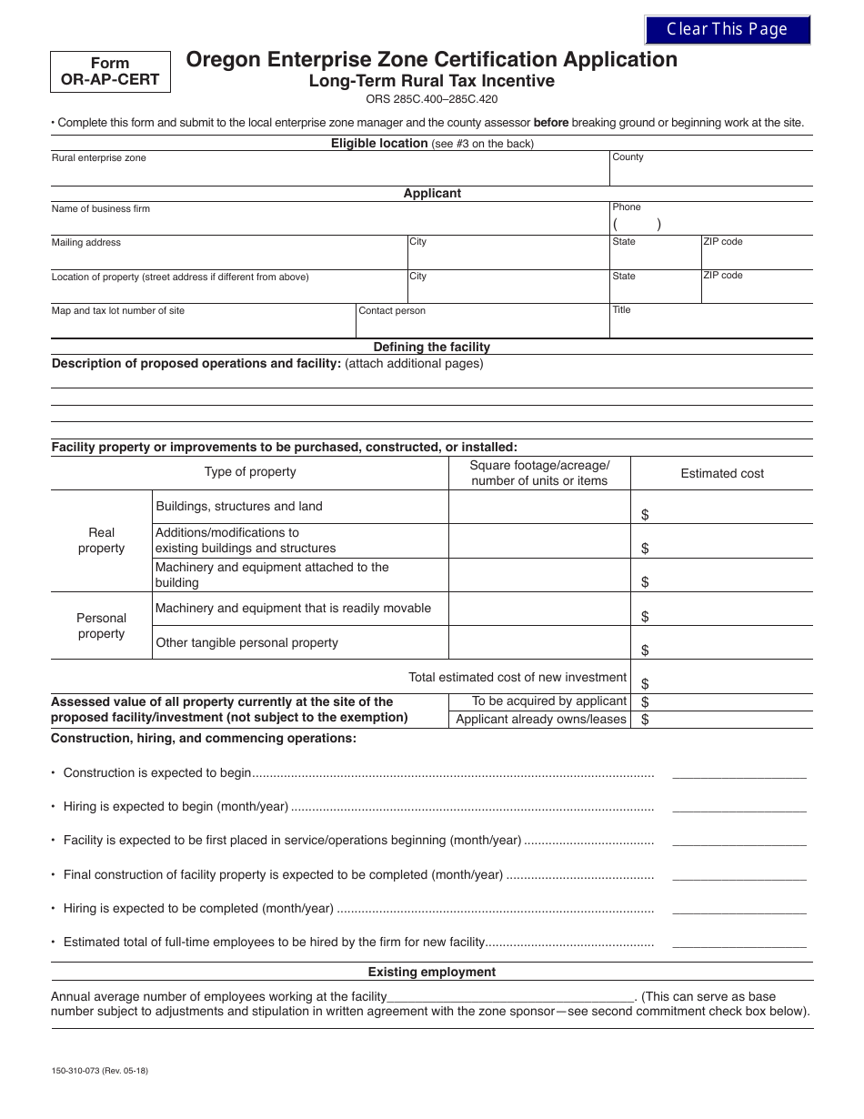 Form 150-310-073 (OR-AP-CERT) Enterprise Zone Certification Application - Oregon, Page 1