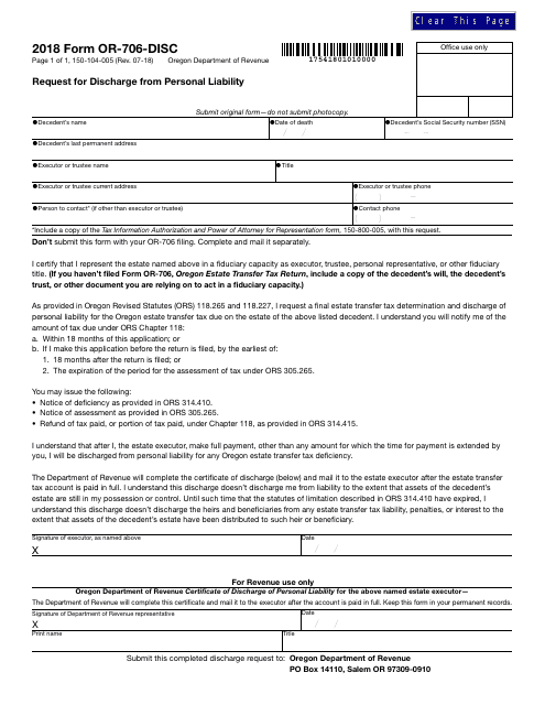Form 150-104-005 (OR-706-DISC) Request for Discharge From Personal Liability - Oregon