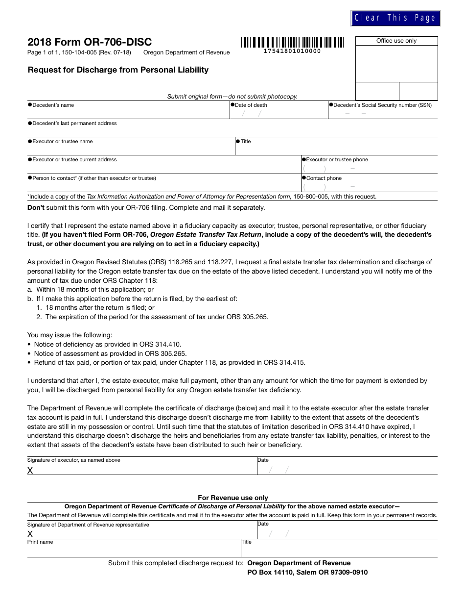 Form 150-104-005 (OR-706-DISC) Request for Discharge From Personal Liability - Oregon, Page 1