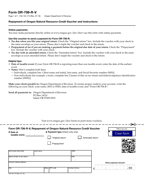 Form 150-104-173 (OR-706-R-V) Repayment of Oregon Natural Resource Credit Voucher - Oregon