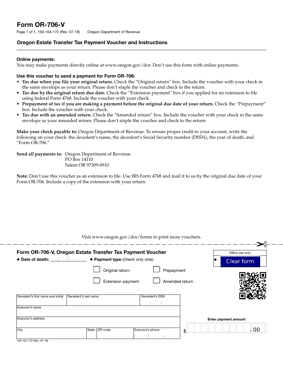 Form 150-104-172 (OR-706-V) Estate Transfer Tax Payment Voucher - Oregon, Page 1