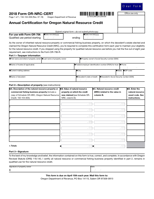 Form OR-NRC-CERT (150-104-008) 2018 Printable Pdf