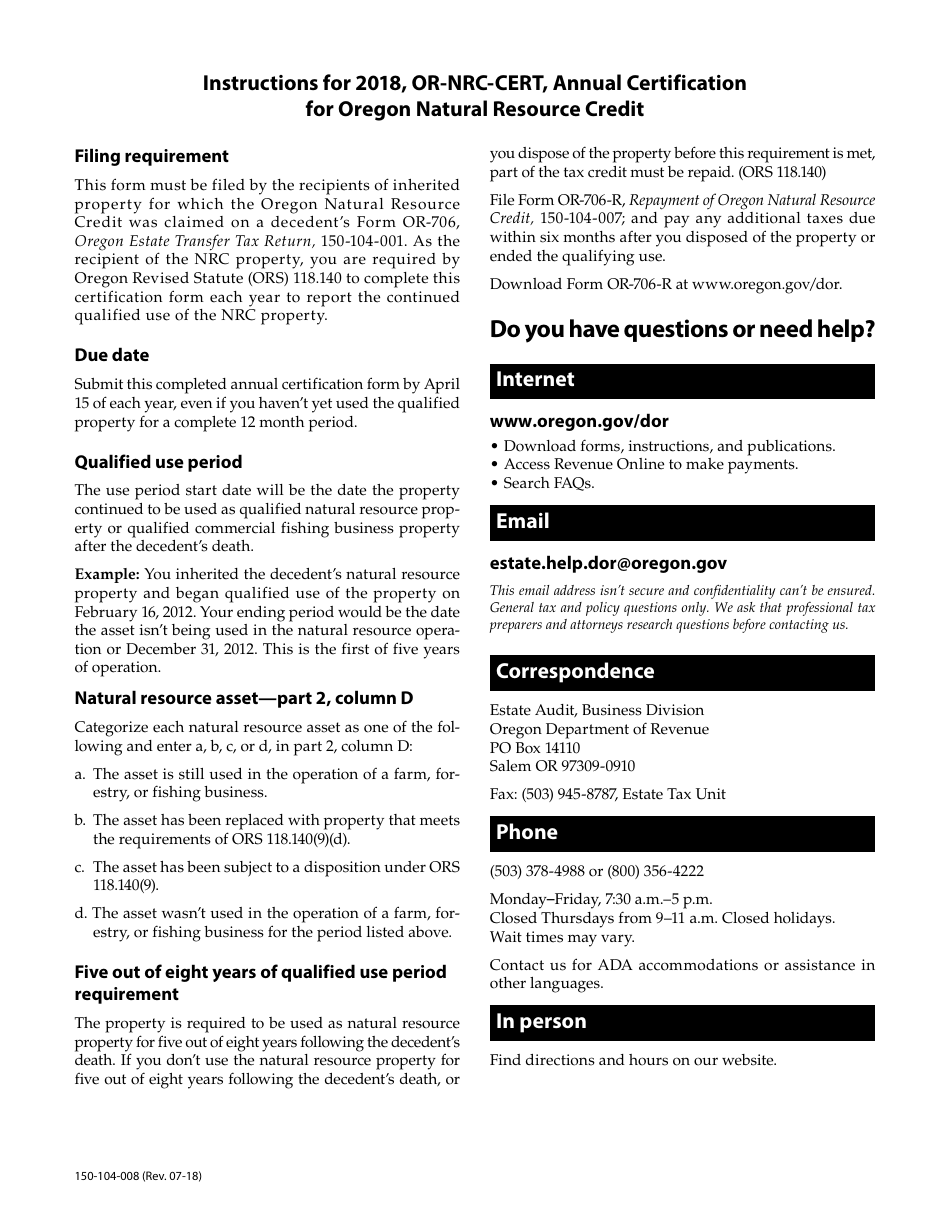 Form OR-NRC-CERT (150-104-008) Annual Certification for Oregon Natural Resource Credit - Oregon, Page 2
