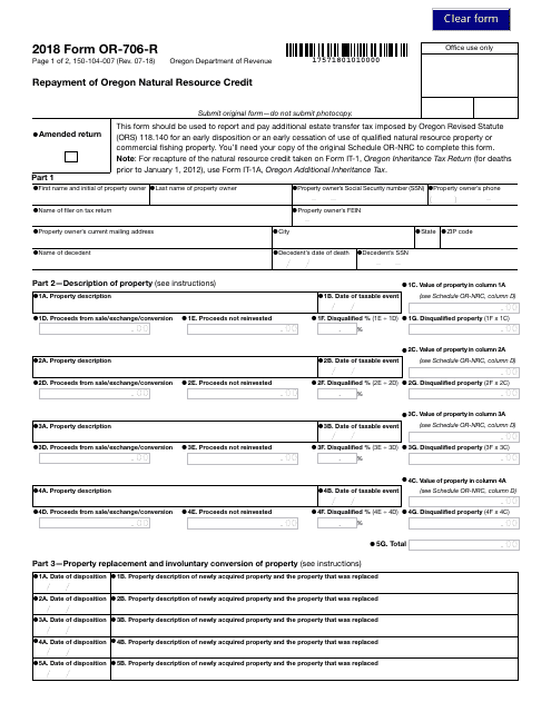 Form OR-706-R (150-104-007) 2018 Printable Pdf