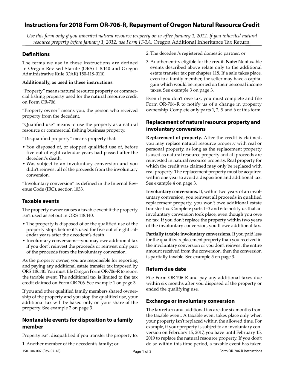 Form OR-706-R (150-104-007) Repayment of Oregon Natural Resource Credit - Oregon, Page 3