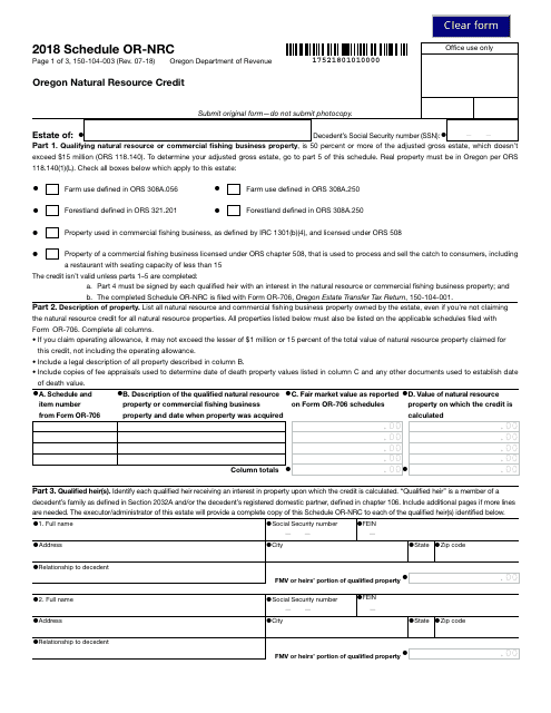 Form 150-104-003 Schedule OR-NRC 2018 Printable Pdf