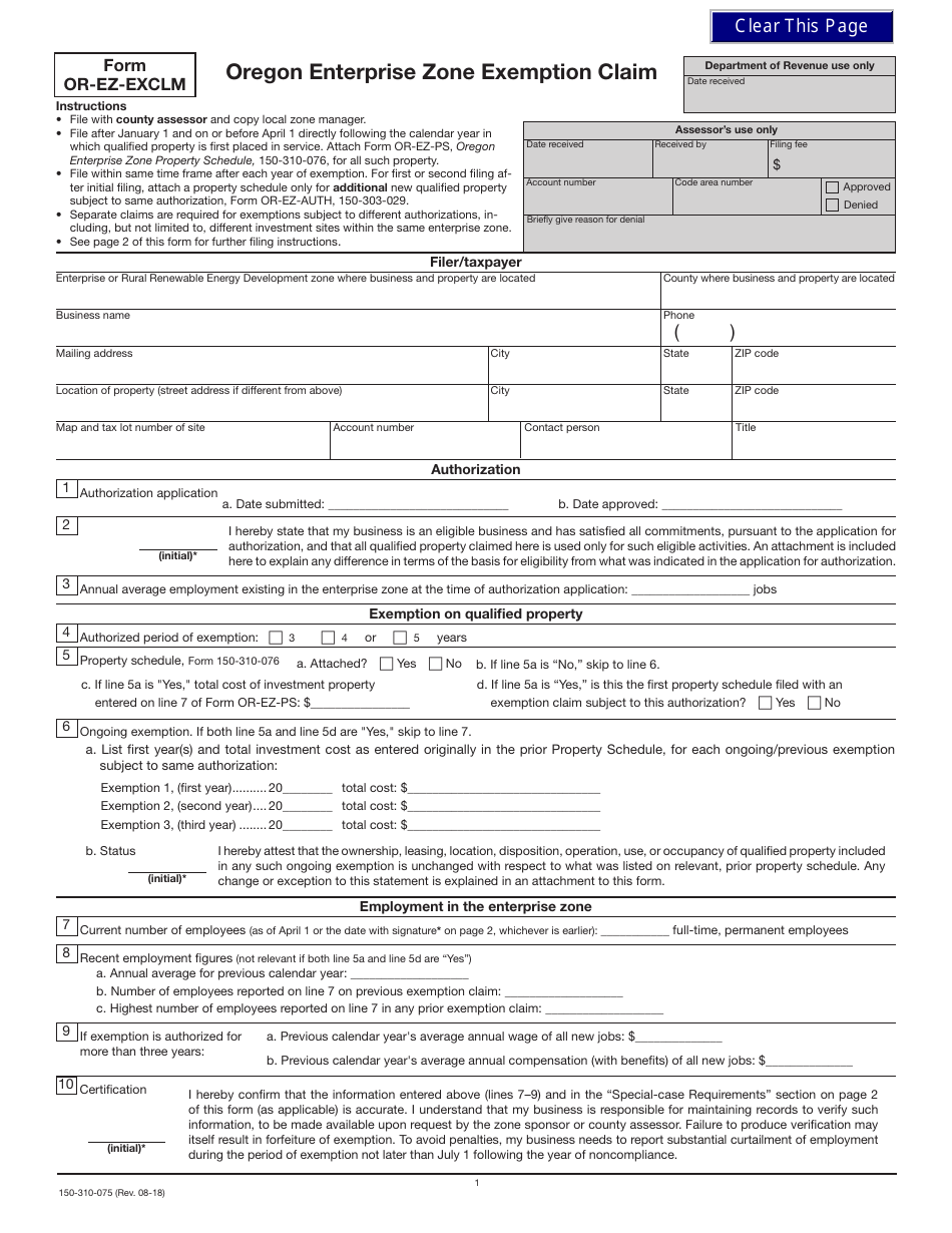 Form 150-310-075 (OR-EZ-EXCLM) Enterprise Zone Exemption Claim - Oregon, Page 1
