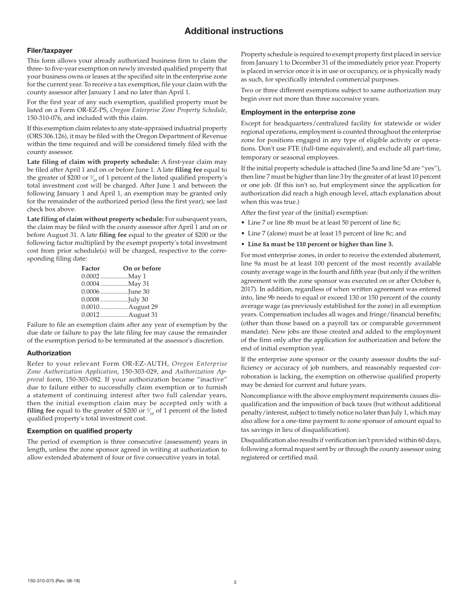 Form 150-310-075 (OR-EZ-EXCLM) Enterprise Zone Exemption Claim - Oregon, Page 3
