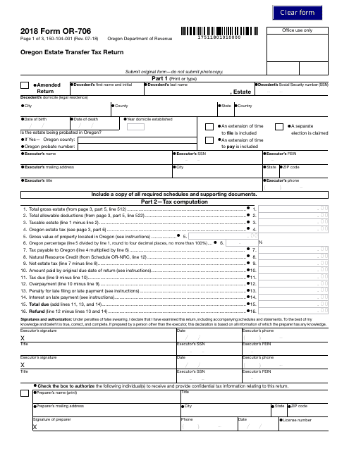 Form OR-706 (150-104-001)  Printable Pdf