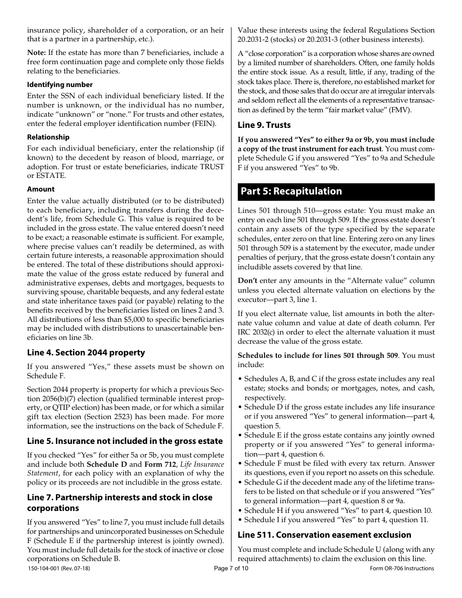 Form OR-706 (150-104-001) Oregon Estate Transfer Tax Return - Oregon, Page 10