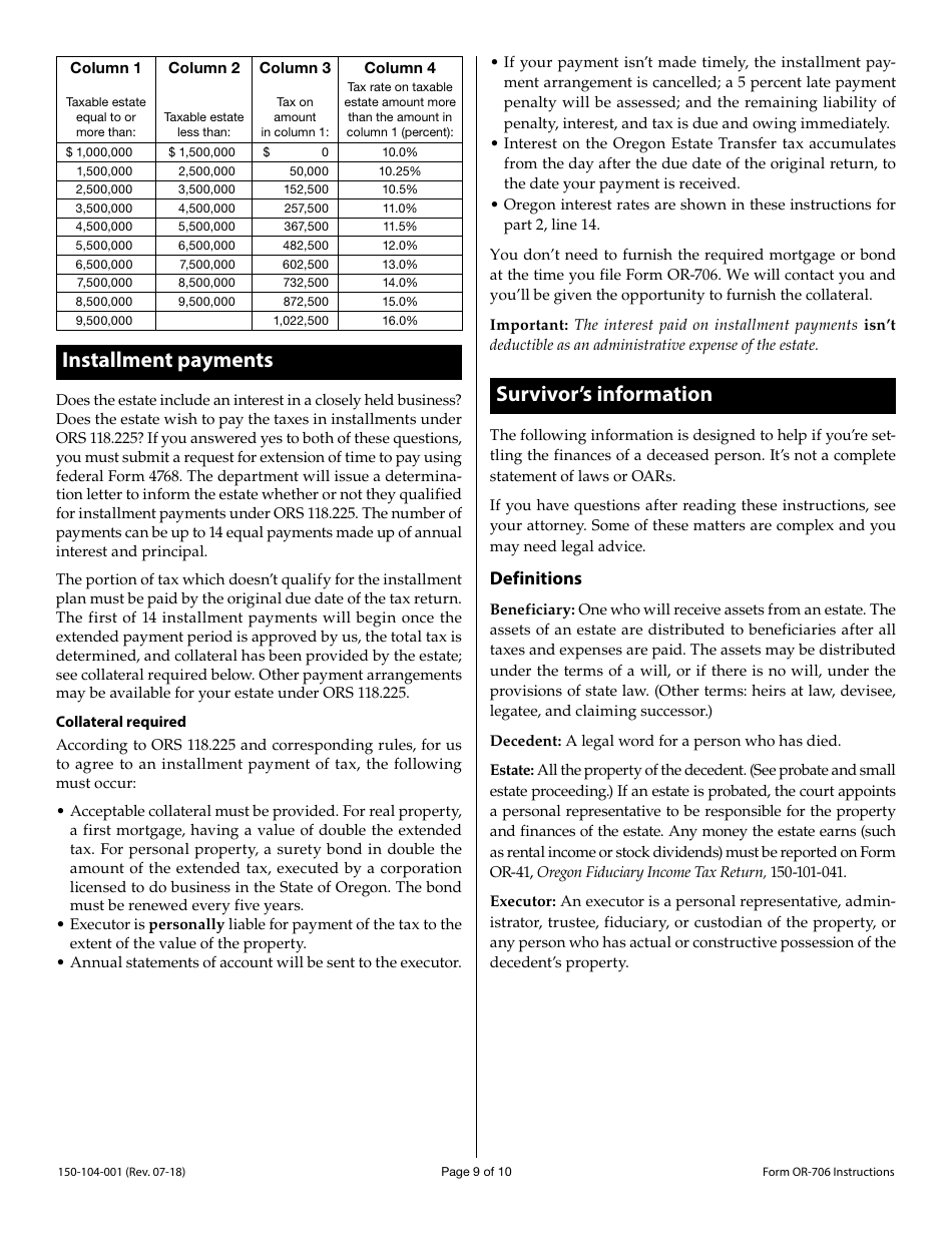 Form OR-706 (150-104-001) Oregon Estate Transfer Tax Return - Oregon, Page 12
