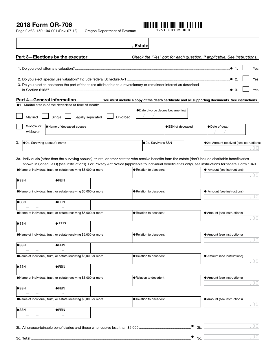 Form OR-706 (150-104-001) Oregon Estate Transfer Tax Return - Oregon, Page 2