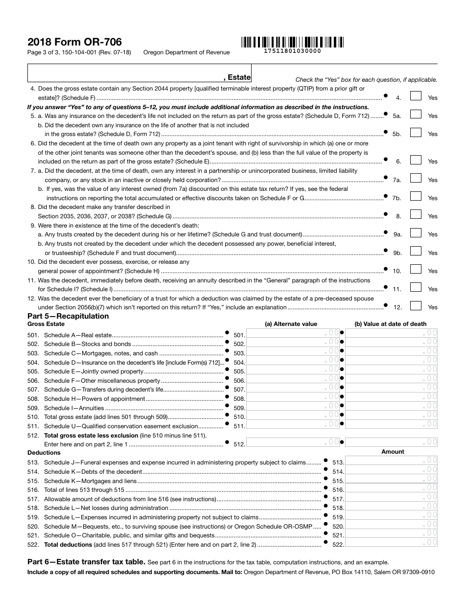 Form OR-706 (150-104-001) Oregon Estate Transfer Tax Return - Oregon, Page 3