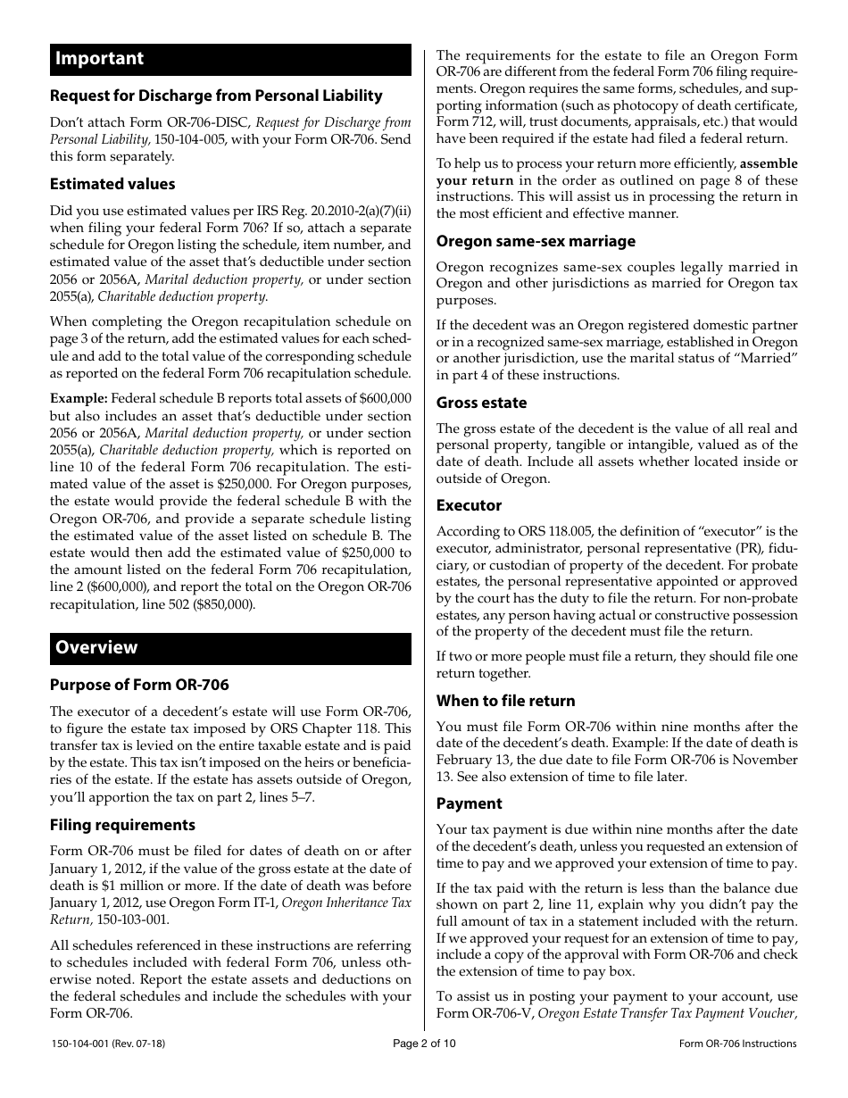 Form OR-706 (150-104-001) Oregon Estate Transfer Tax Return - Oregon, Page 5