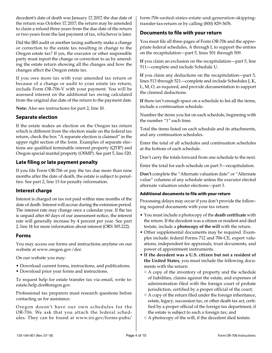 Form OR-706 (150-104-001) Oregon Estate Transfer Tax Return - Oregon, Page 7