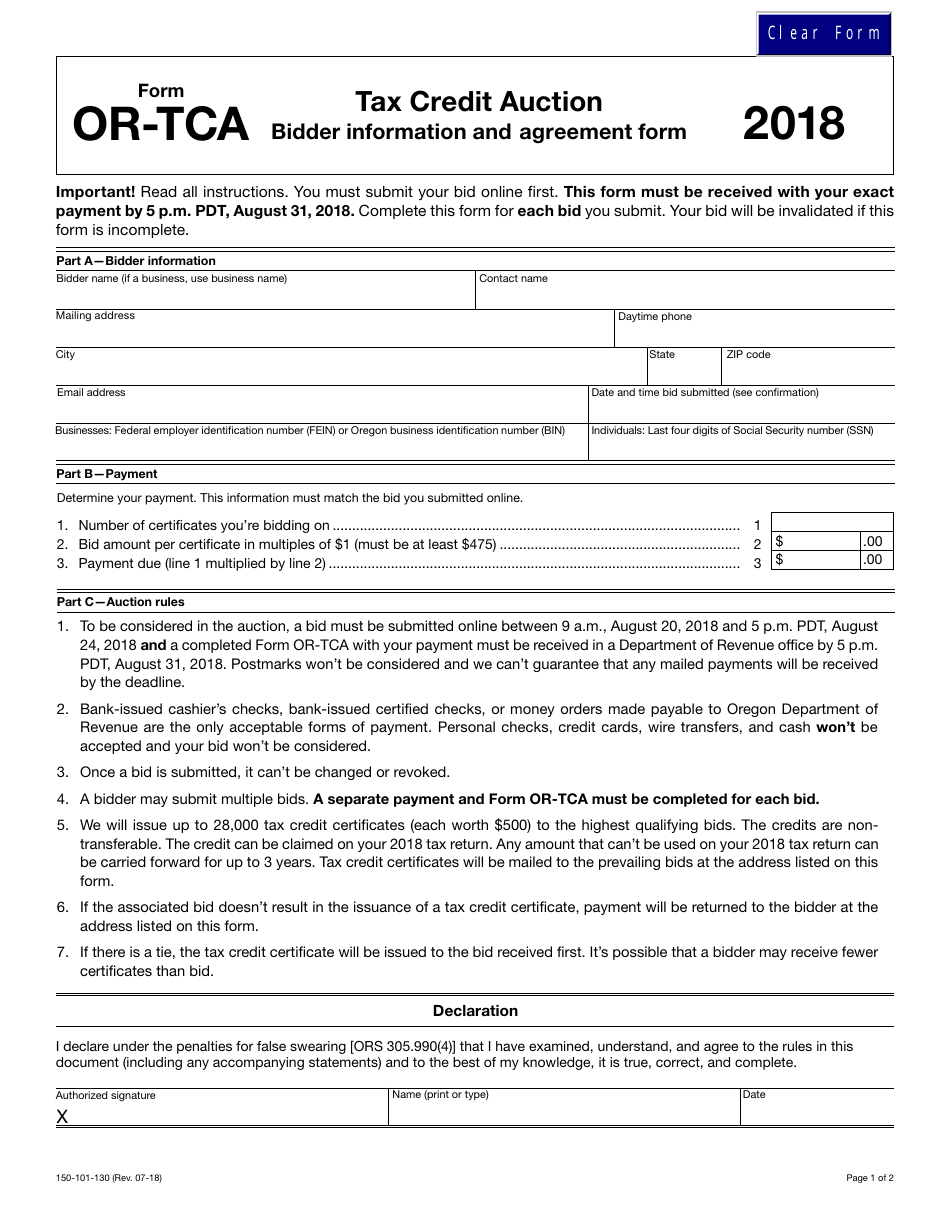 Form 150-101-130 (OR-TCA) Tax Credit Auction Bidder Information and Agreement Form - Oregon, Page 1