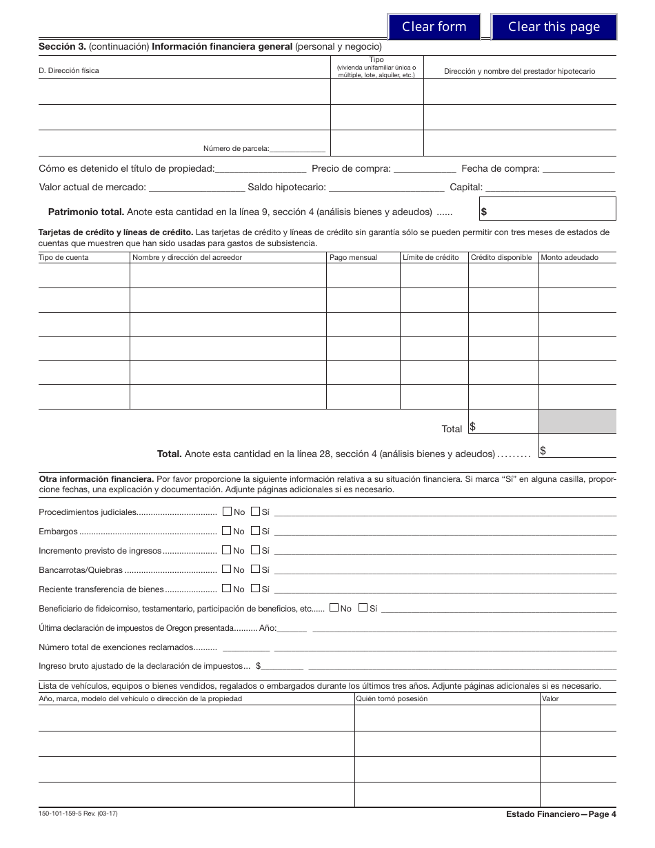 Formulario 150-101-159-5 (OR-SFC) Estado De Situacion Financiera - Oregon (Spanish), Page 4